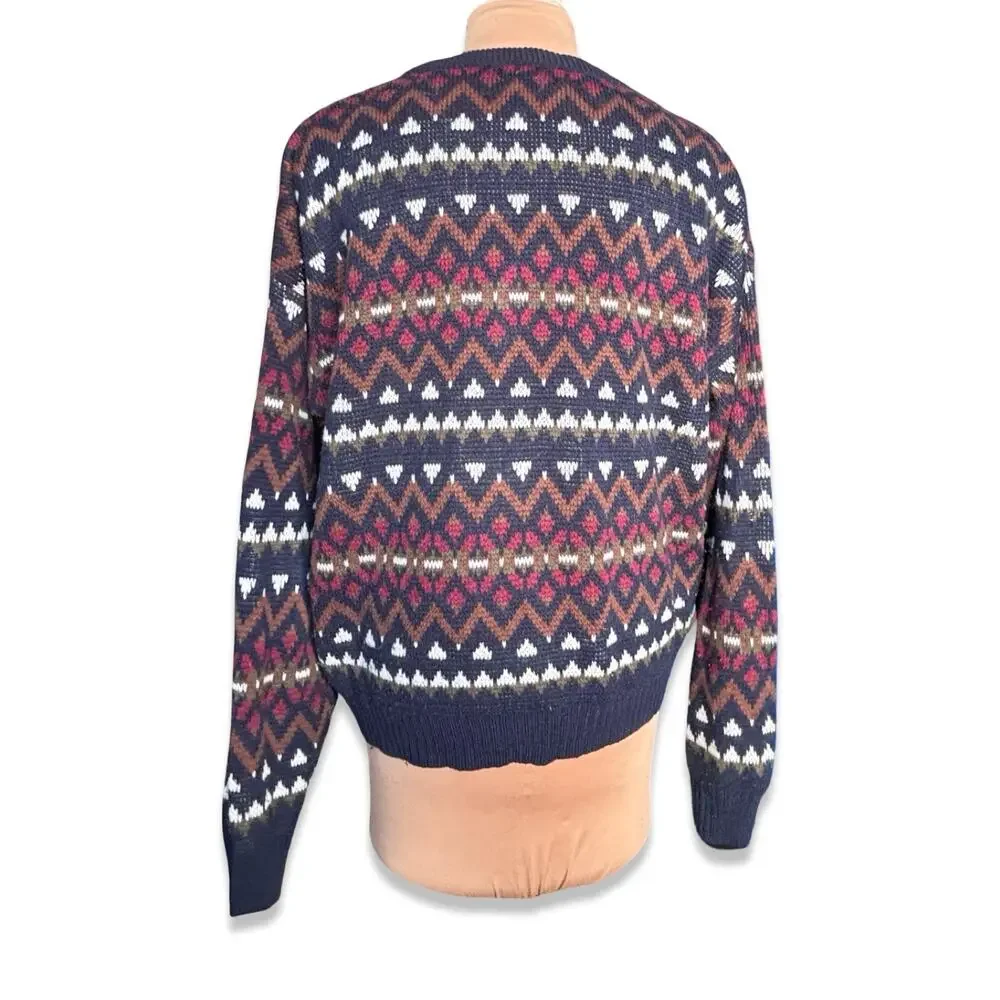 Vintage 90s Navy Blue Burgundy Fair Isle Knit Crewneck Sweater Mens XXL Cozy